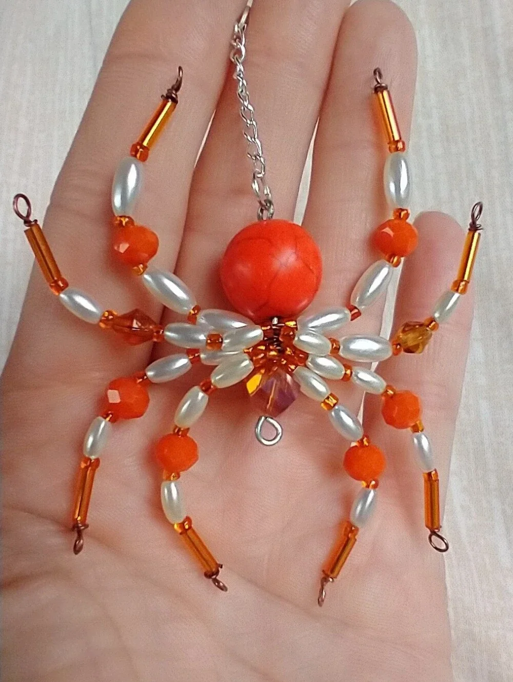 Handmade Orange & White Beaded Spider Pendant